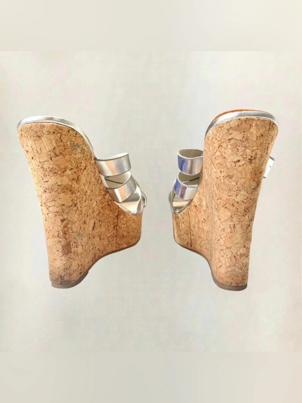 De Blossom Collection Silver Metallic Cork Wedge Sandals - used